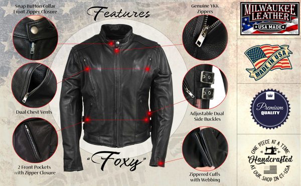 Milwaukee Leather USA MADE MLJKL5001 Women s Black Foxy Premium Motorcycle Leather Jacket with Vents Online Hot Sale - Image 2