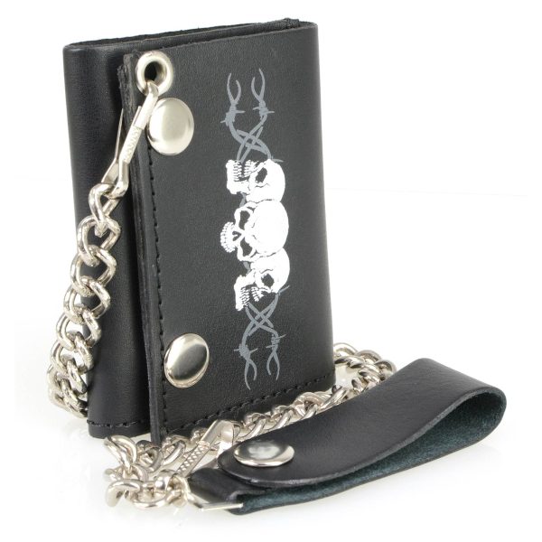 Milwaukee Leather MLW7836 Men s 4” Leather “Triple Skull” Tri-Fold Wallet w  Anti-Theft Stainless Steel Chain For Discount