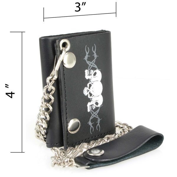 Milwaukee Leather MLW7836 Men s 4” Leather “Triple Skull” Tri-Fold Wallet w  Anti-Theft Stainless Steel Chain For Discount - Image 4