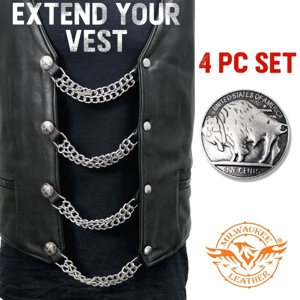 Milwaukee Leather 5 Cent Buffalo Medallion Vest Extender - Double Chrome Chains Genuine Leather 8.5  Extension 4-PCS MLA6043SET Online now - Image 3