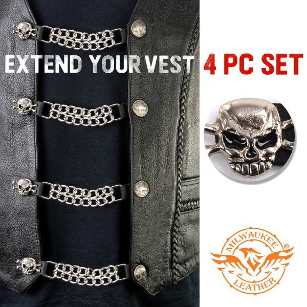 Milwaukee Leather MLA6041SET Skull and Cross Bones 4-PCS Vest Extender Double Chrome Chains w  Genuine Leather 6  Extension Online now - Image 4