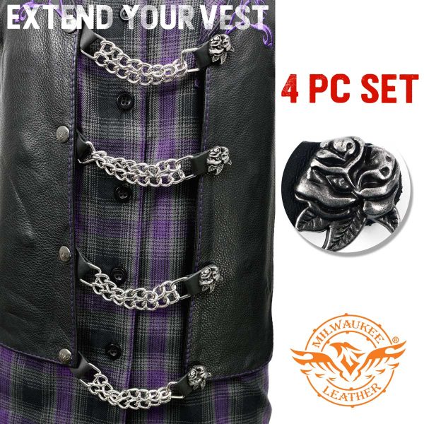 Milwaukee Leather Rose Engraving Medallion Vest Extender - Double Chrome Chains Genuine Leather 6.5  Extension 4-PCS MLA6018SET Online Hot Sale - Image 3