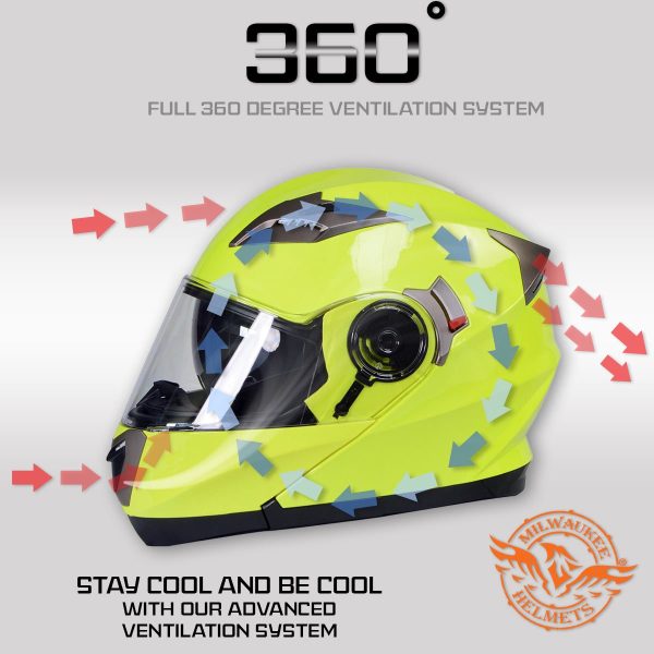 Milwaukee Helmets MPH9809DOT Ionized Neon Yellow Advanced Motorcycle Modular Helmet Biker w  Drop Down Visor For Cheap - Image 4
