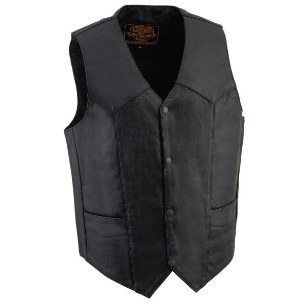 Milwaukee Leather SH1310 Men s Black Leather Classic V-Neck Motorcycle Rider Vest w  Front Snap Button Closure For Cheap