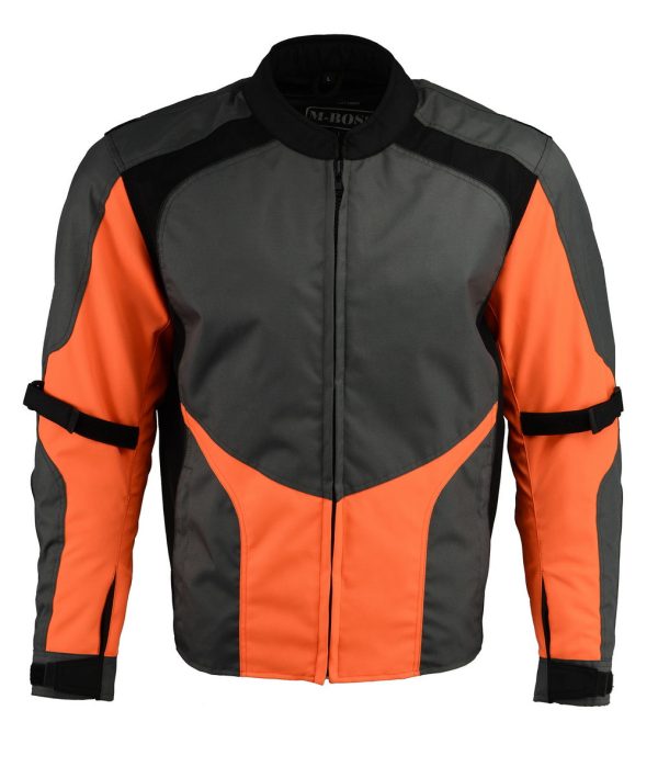 M Boss Motorcycle Apparel BOS11706 Men s Grey Hi-Vis Orange Nylon Motorcycle Racer Jacket with Armor Protection Supply