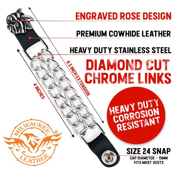Milwaukee Leather Rose Engraving Medallion Vest Extender - Double Chrome Chains Genuine Leather 6.5  Extension 4-PCS MLA6018SET Online Hot Sale - Image 2