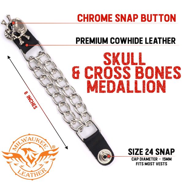 Milwaukee Leather MLA6041SET Skull and Cross Bones 4-PCS Vest Extender Double Chrome Chains w  Genuine Leather 6  Extension Online now - Image 2