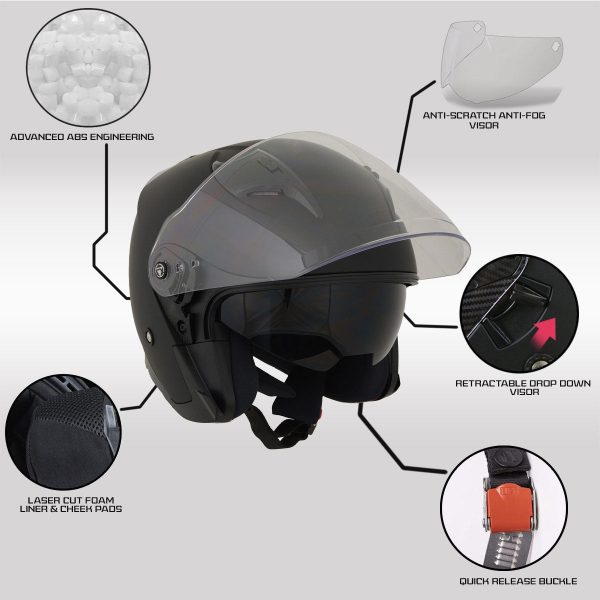 Milwaukee Performance Helmets MPH9805DOT Shift Open Face 3 4 Matte Black Helmet Biker w  Drop Down Visor Online Sale - Image 2