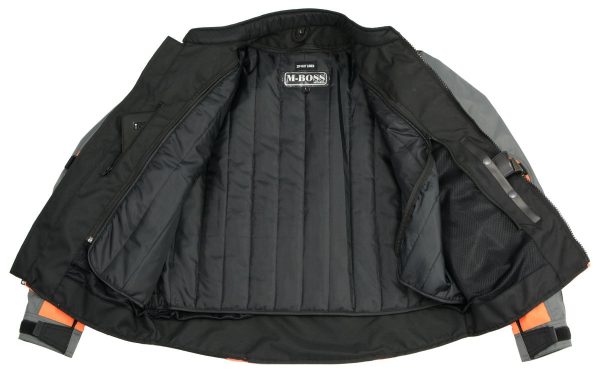 M Boss Motorcycle Apparel BOS11706 Men s Grey Hi-Vis Orange Nylon Motorcycle Racer Jacket with Armor Protection Supply - Image 4