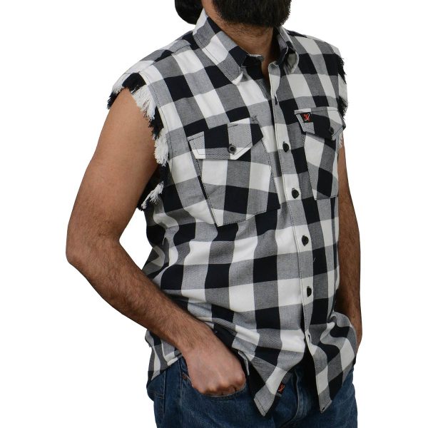 Milwaukee Leather MNG11690 Men’s Classic Black and White Button-Down Flannel Cut Off Frayed Sleeveless Casual Shirt Cheap - Image 5
