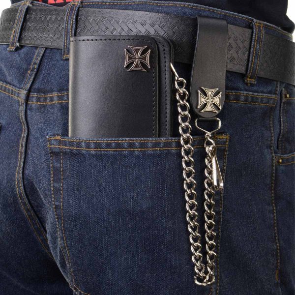 Milwaukee Leather MLW7825 Men s 6” Black Leather Bi-Fold Biker Wallet w  Anti-Theft Stainless Steel Chain and Iron Cross Emblems Hot on Sale - Image 2