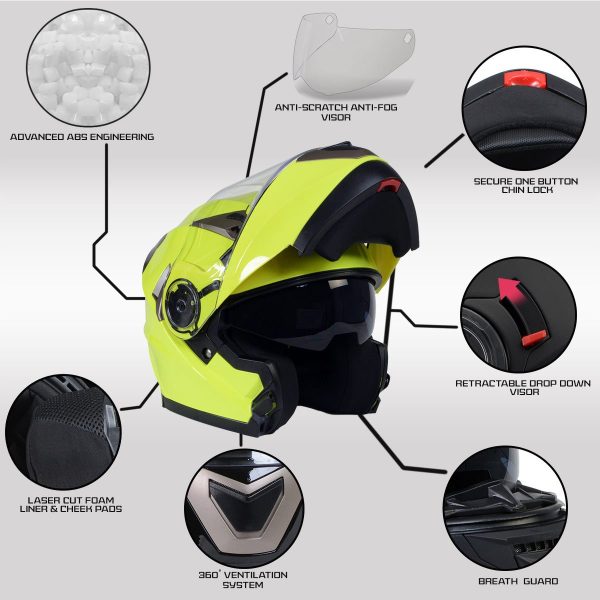 Milwaukee Helmets MPH9809DOT Ionized Neon Yellow Advanced Motorcycle Modular Helmet Biker w  Drop Down Visor For Cheap - Image 2