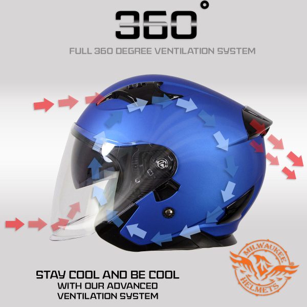 Milwaukee Helmets MPH9825DOT Shift Open Face 3 4 Blue Helmet Biker w  Drop Down Visor Hot on Sale - Image 5
