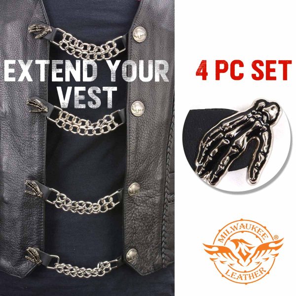 Milwaukee Leather Skeleton Hand Medallion Vest Extender - Double Chrome Chains Genuine Leather 6.5  Extension 4-PCS MLA6026SET Discount - Image 3