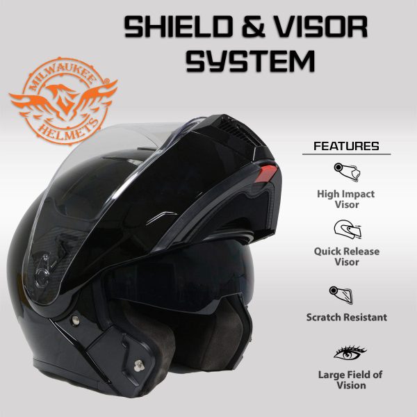 Milwaukee Helmets Gloss Black Menace Advanced Motorcycle Modular Helmet w Drop Down Visor DOT Approved MPH9813DOT For Cheap - Image 5