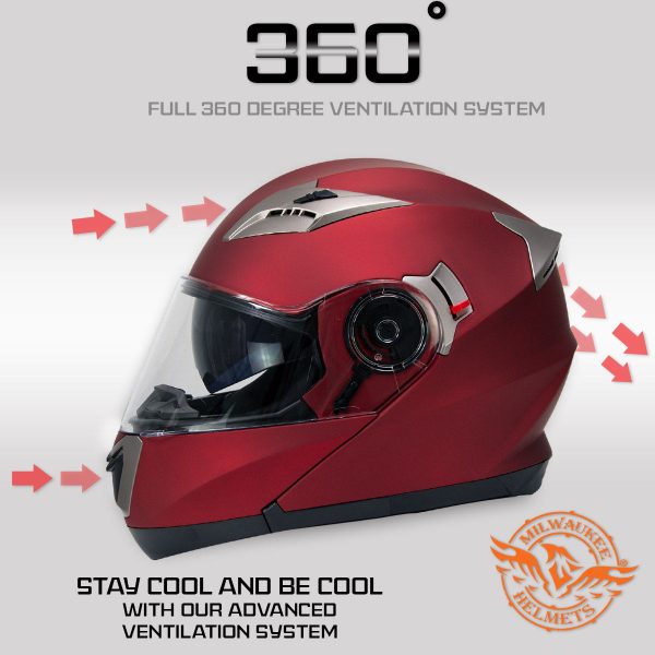 Milwaukee Helmets MPH9826DOT Ionized Flat Red Advanced Motorcycle Modular Helmet w  Drop Down Visor Fashion - Image 4