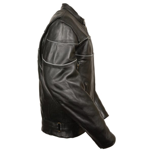 Milwaukee Leather LKM1785 Mens Black Leather Racer Style Motorcycle Jacket w  Side Stretch and Reflective Piping Online - Image 4