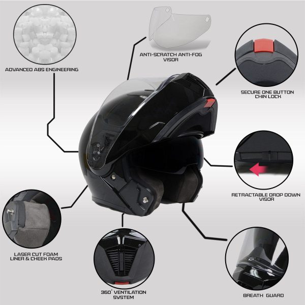 Milwaukee Helmets Gloss Black Menace Advanced Motorcycle Modular Helmet w Drop Down Visor DOT Approved MPH9813DOT For Cheap - Image 2