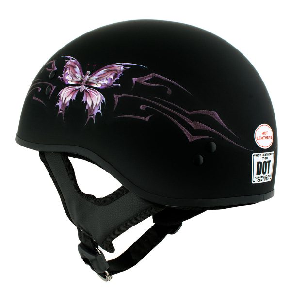 Hot Leathers HLD1052  New Purple Butterfly  Flat Black Motorcycle DOT Skull Cap Helmet Sale - Image 4