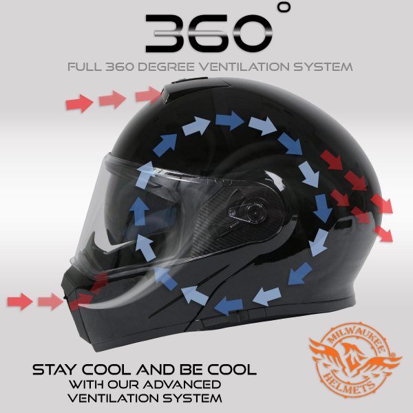 Milwaukee Helmets Gloss Black Menace Advanced Motorcycle Modular Helmet w Drop Down Visor DOT Approved MPH9813DOT For Cheap - Image 4