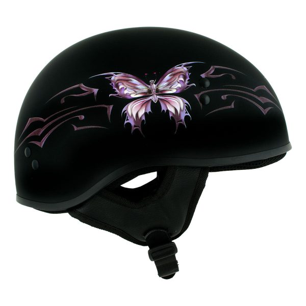 Hot Leathers HLD1052  New Purple Butterfly  Flat Black Motorcycle DOT Skull Cap Helmet Sale - Image 2