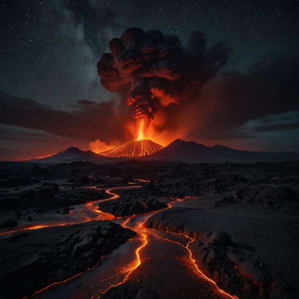 A dramatic volcanic landscape with flowing lava, steaming vents, and a dark, starry sky 2 For Sale