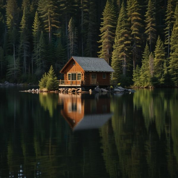 A peaceful lakeside cabin surrounded by pine trees and reflecting in the still water 1 For Sale