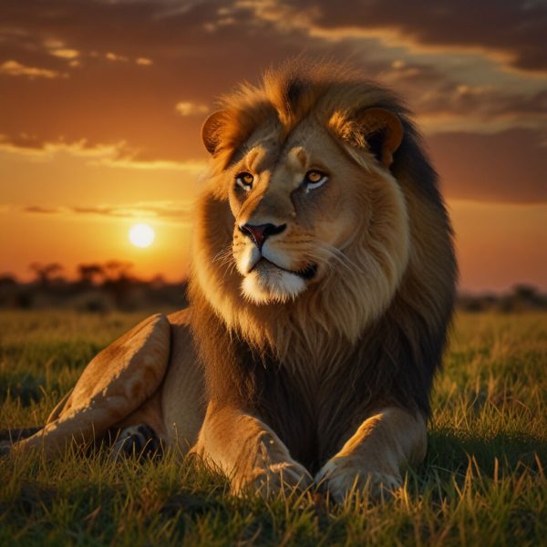 A majestic lion lounging on a grassy savanna at sunset, surrounded by the golden hues of the setting sun and the vast expanse of the African plains 2 For Sale