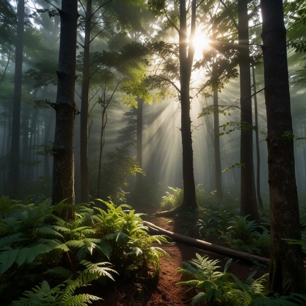 A misty morning in a dense forest with rays of sunlight filtering through the trees 2 Discount