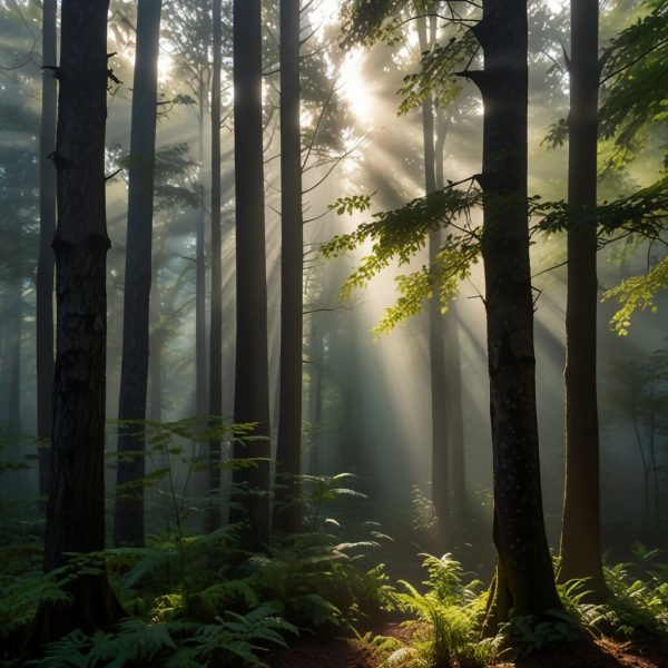 A misty morning in a dense forest with rays of sunlight filtering through the trees 1 For Discount