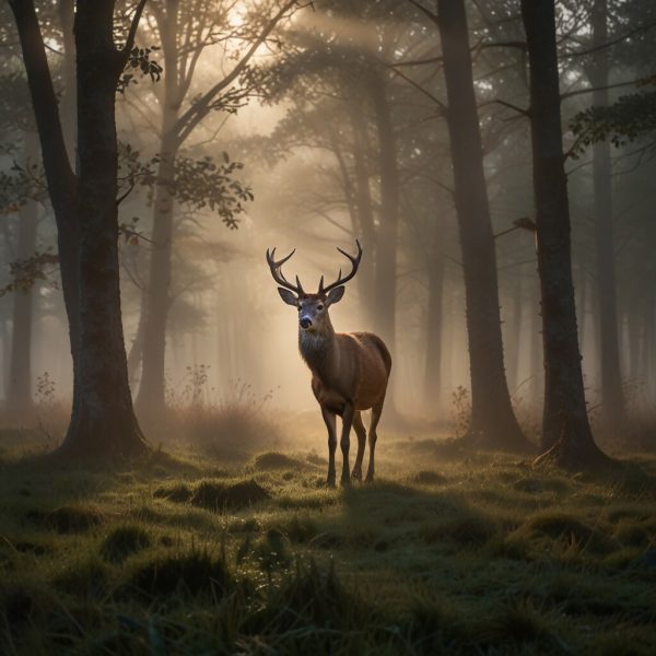 A graceful deer standing in a misty forest glade at dawn, with soft light filtering through the trees and a peaceful, untouched landscape. Ample blank space to create a sense of solitude and tranquility 1 Sale