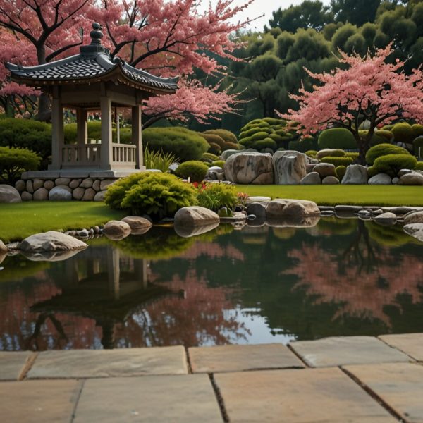 A peaceful Japanese garden with a koi pond, stone lanterns, and blossoming cherry trees 1 Online now